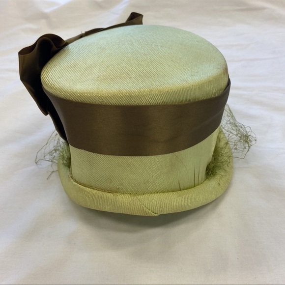 Vintage Hat Shimmer Sage Green/Olive Green Satin Bow Veiled - Picture 3 of 11